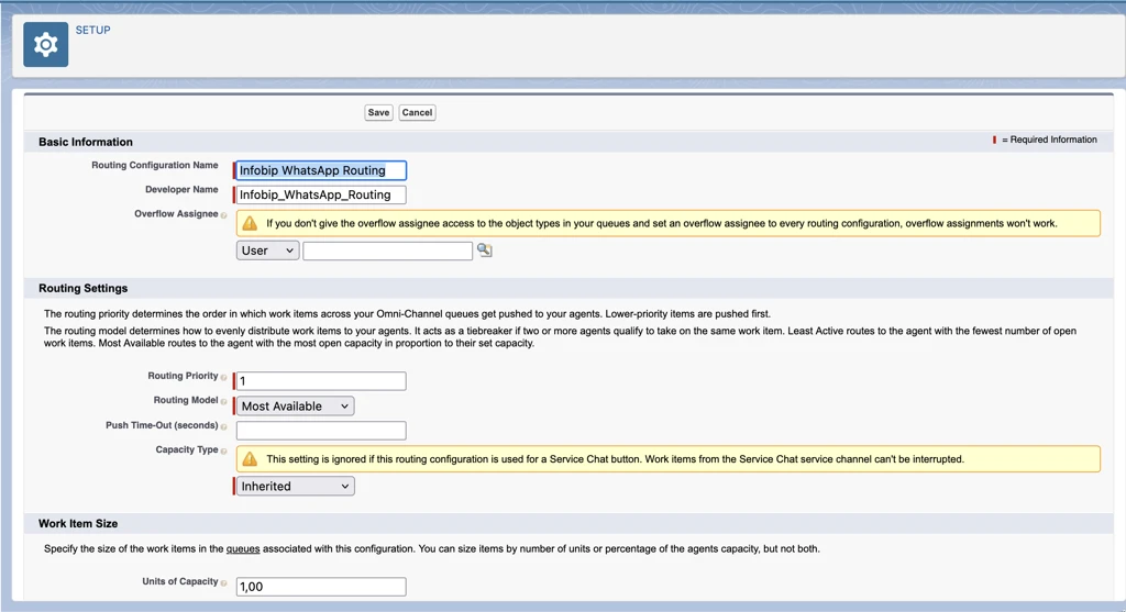 Routing Configuration form with routing settings