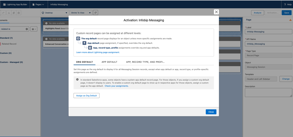 Activation dialog for the Infobip Messaging record page