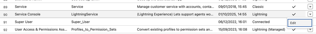 App Manager list with Service Console app and Edit button visible
