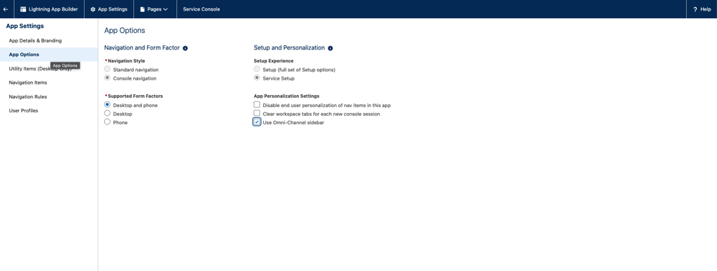 App Options with Use Omni-Channel sidebar checkbox selected