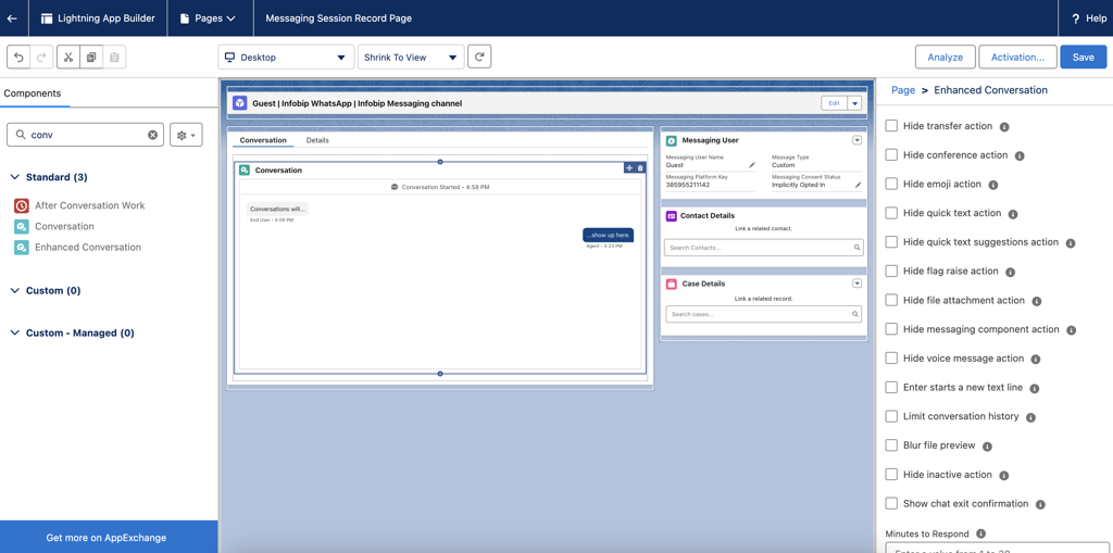 Lightning App Builder with Enhanced Conversation component replacing the Conversation component