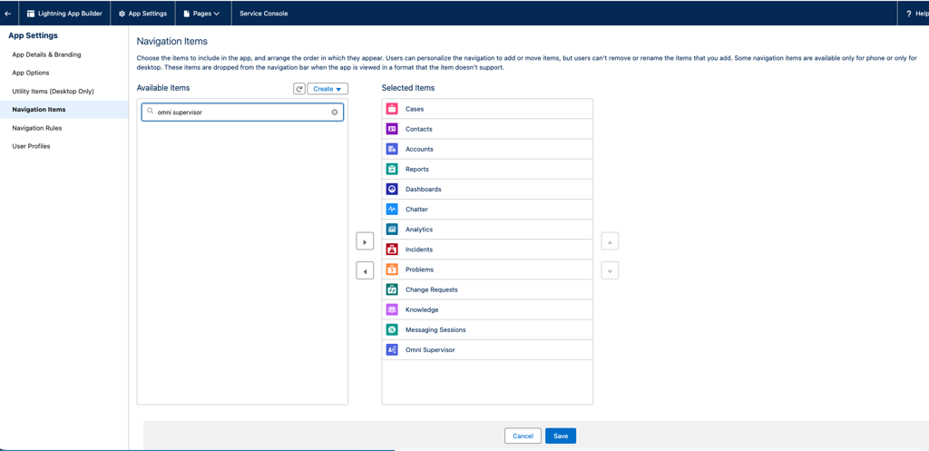 Navigation Items with Omni Supervisor added to Selected Items