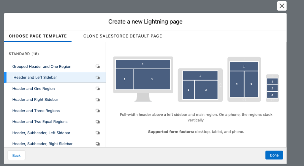 Choose page template dialog with Header and Left Sidebar template selected