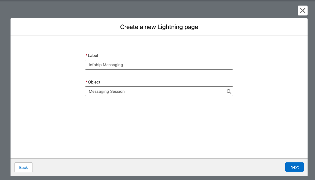 Create a new Lightning Record Page with Infobip Messaging label and Messaging Session object