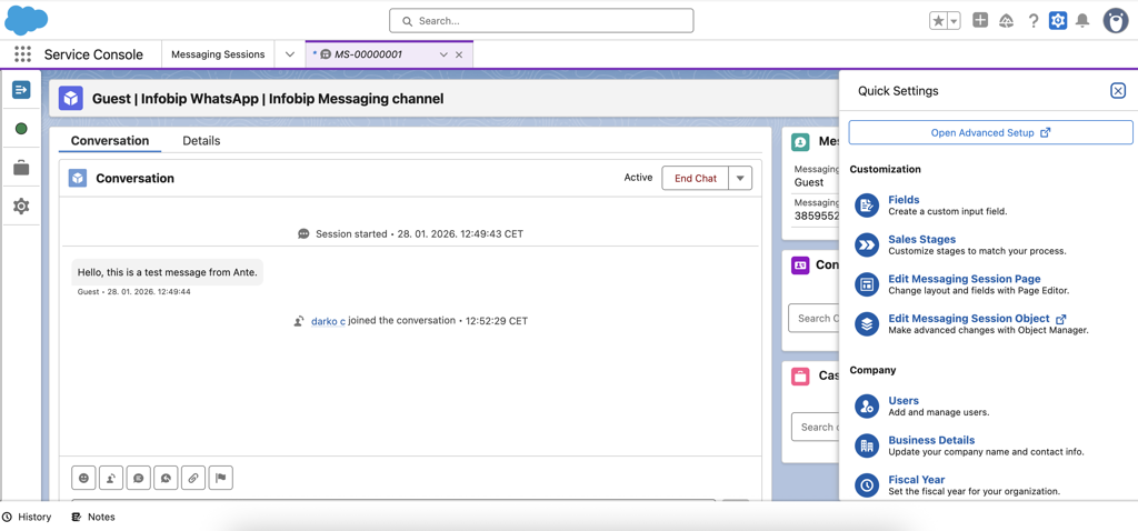 Messaging Session record with Quick Settings panel open showing Edit Messaging Session Page option