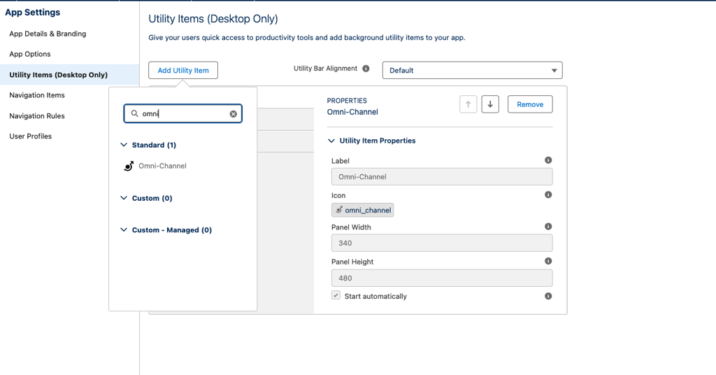 Utility Items section with Omni-Channel utility item added
