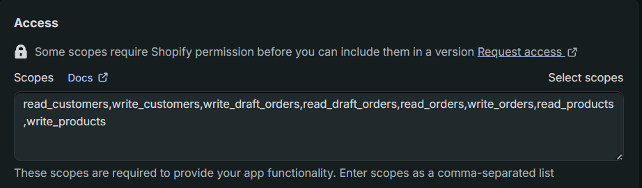 The Access window with required scopes added as a comma-separated list