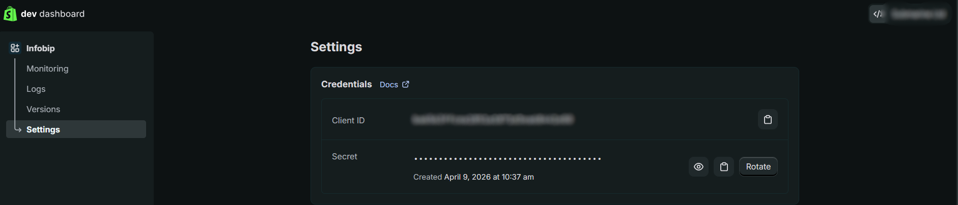 The Shopify Dev Dashboard Settings page showing Client ID and Client Secret under Credentials