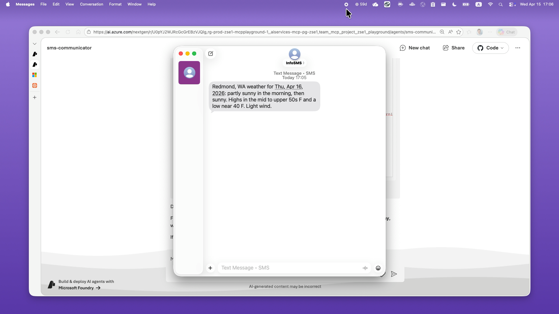SMS received on the destination phone showing the Redmond weather forecast
