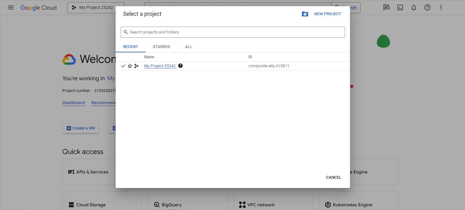 google cloud console select or create new project