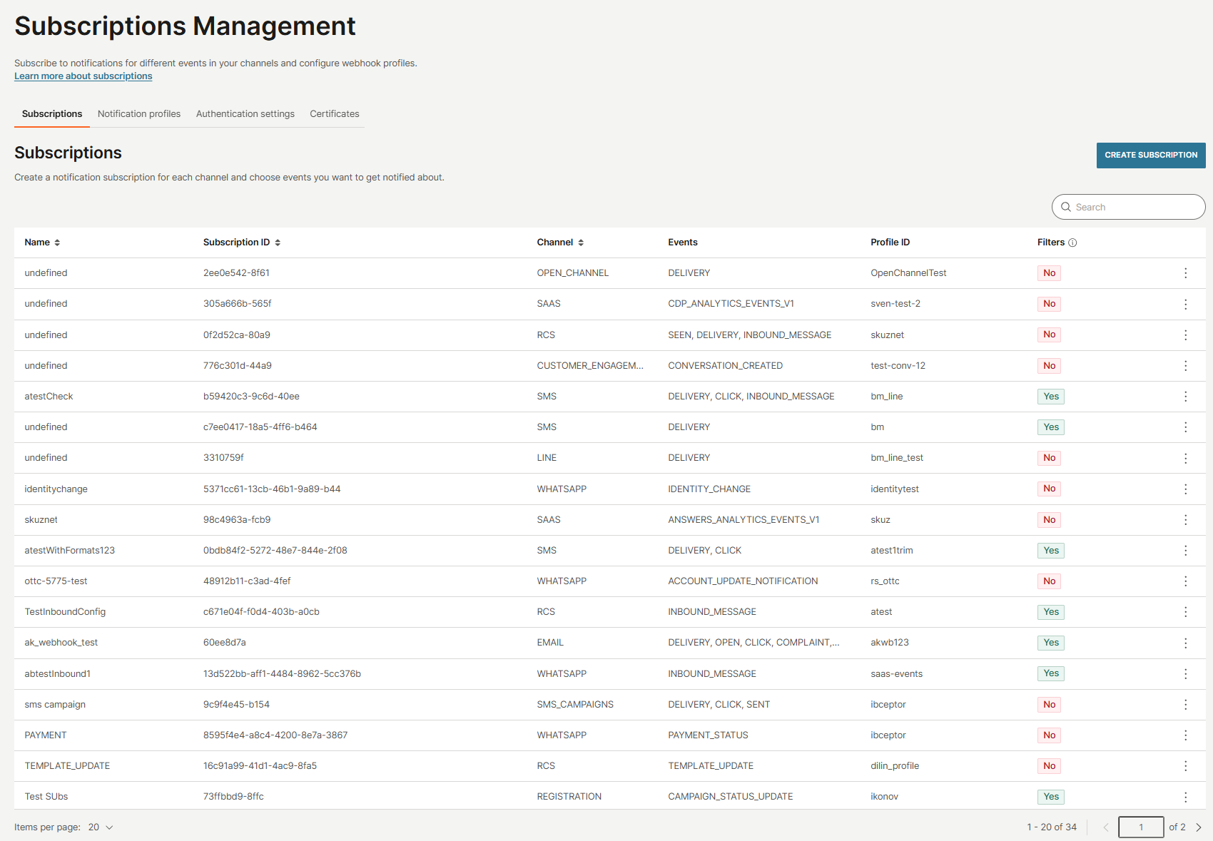 Subscriptions UI - Subscriptions tab