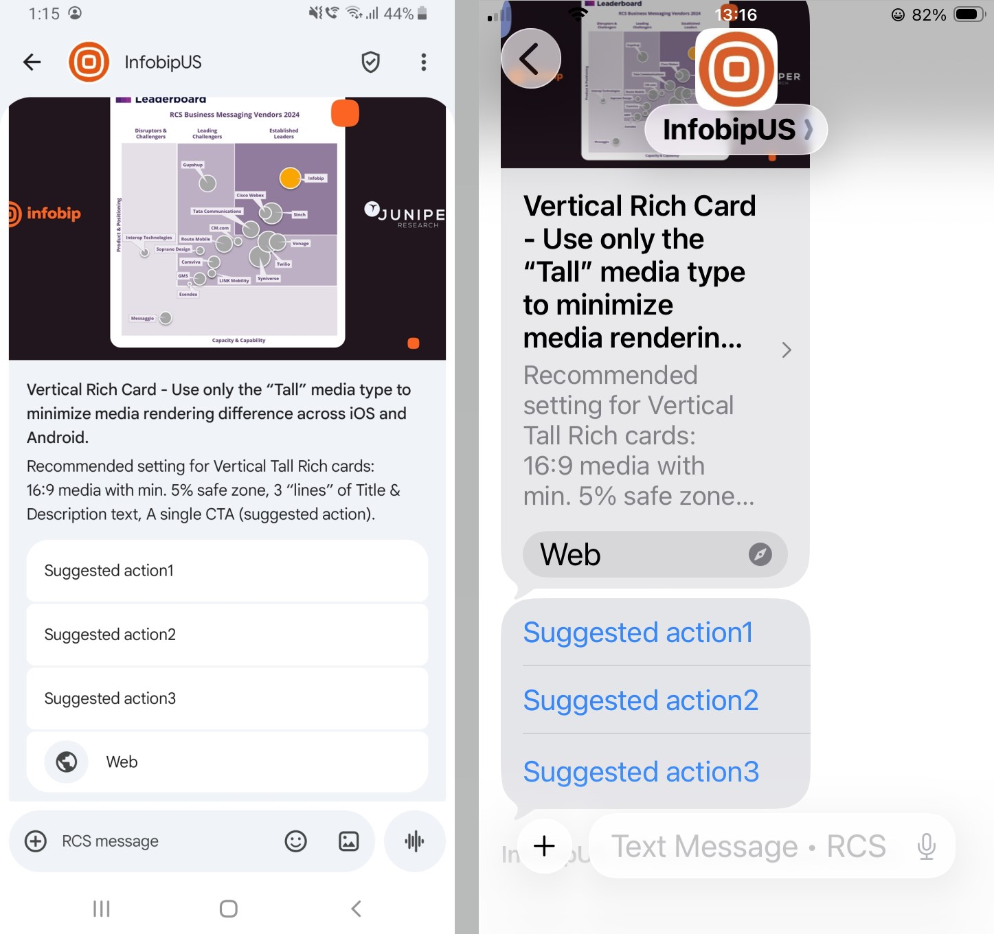 Suggested actions and replies in rich cards comparison between iOS and Android