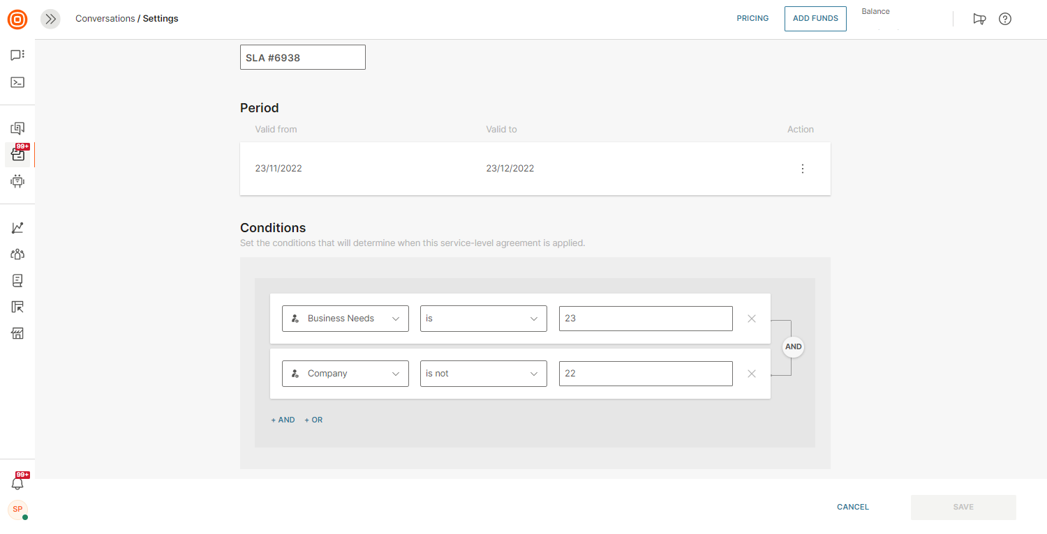 Conversations - Set SLA conditions