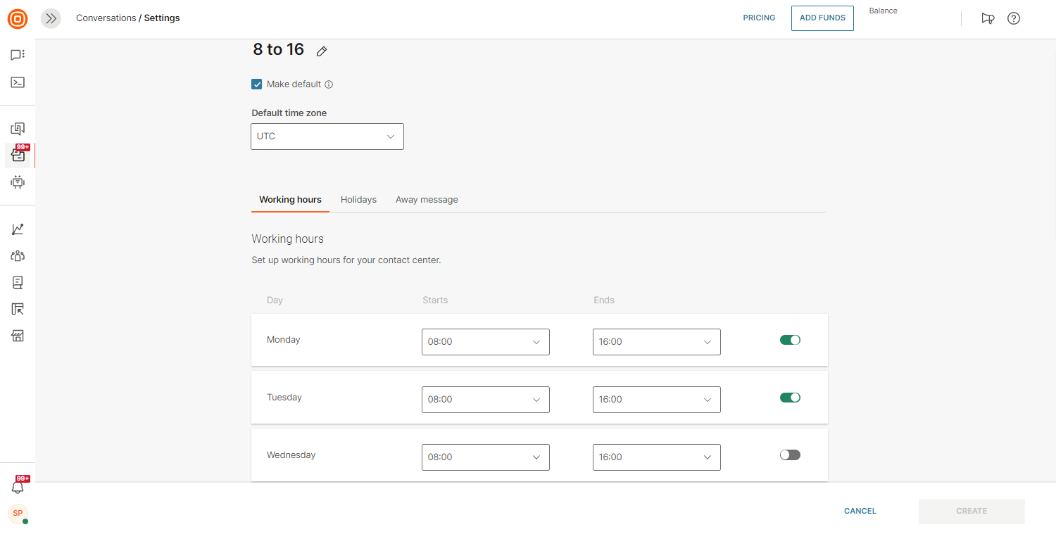 Conversations - Set working hours