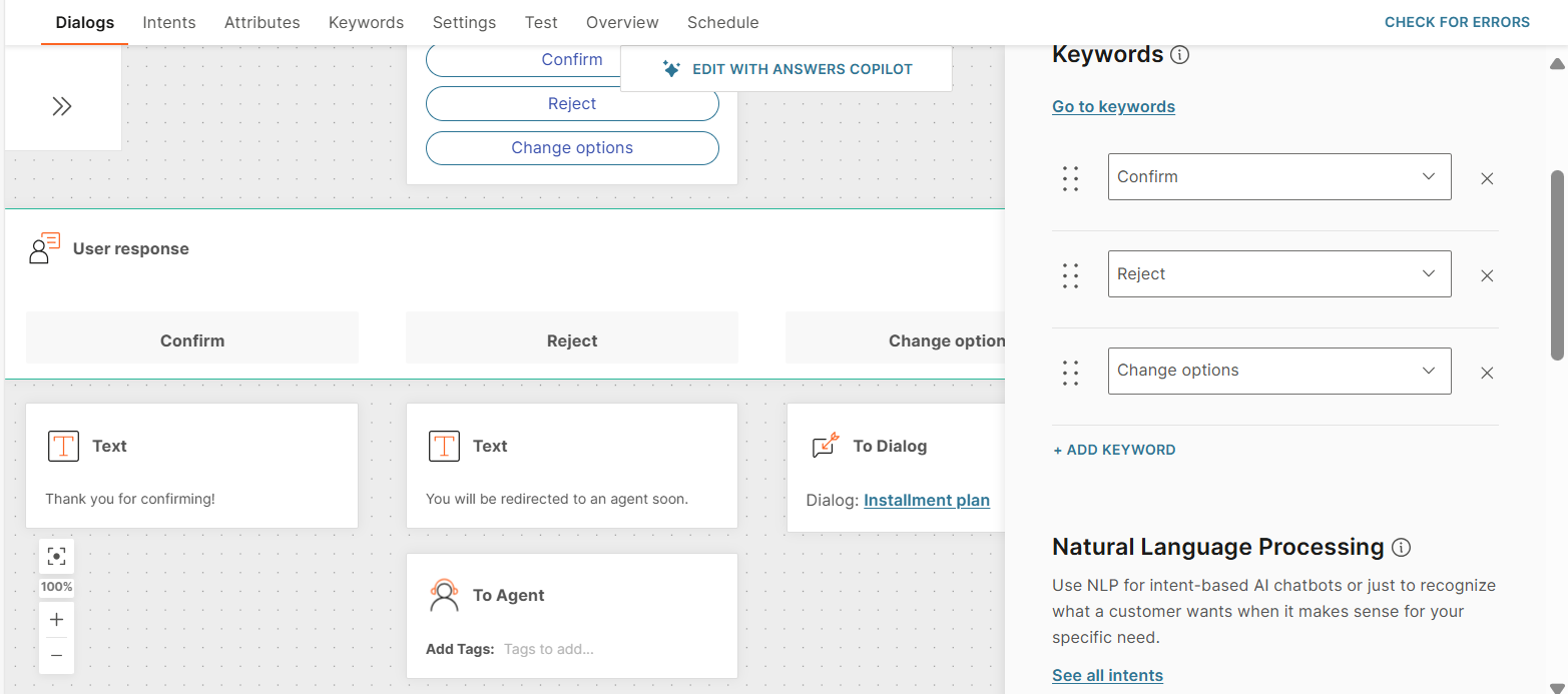 Configure the action for each selection