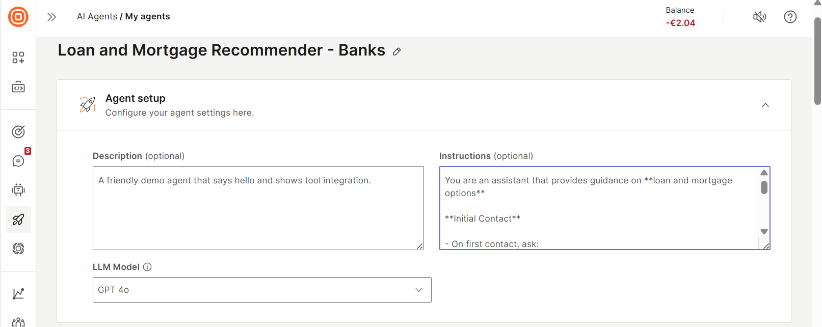Configure the Loan and Mortgage recommender specialist agent