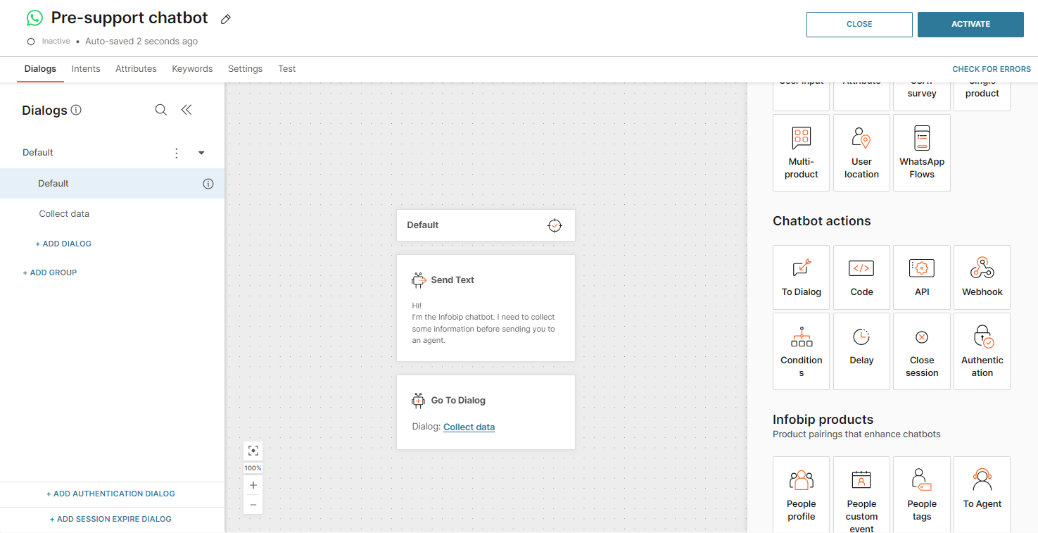 Tutorials - Create a pre-support chatbot default dialog text