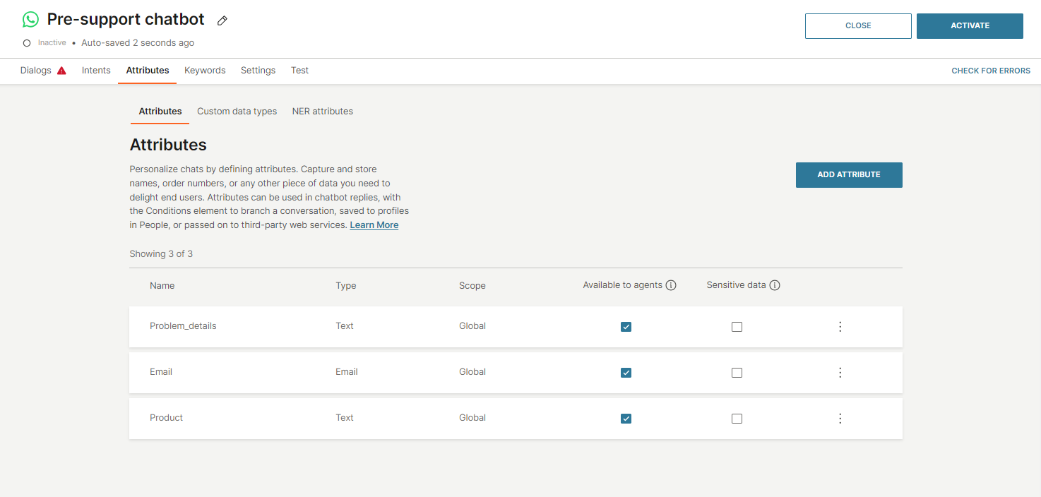 Tutorials - Create a pre-support chatbot attributes