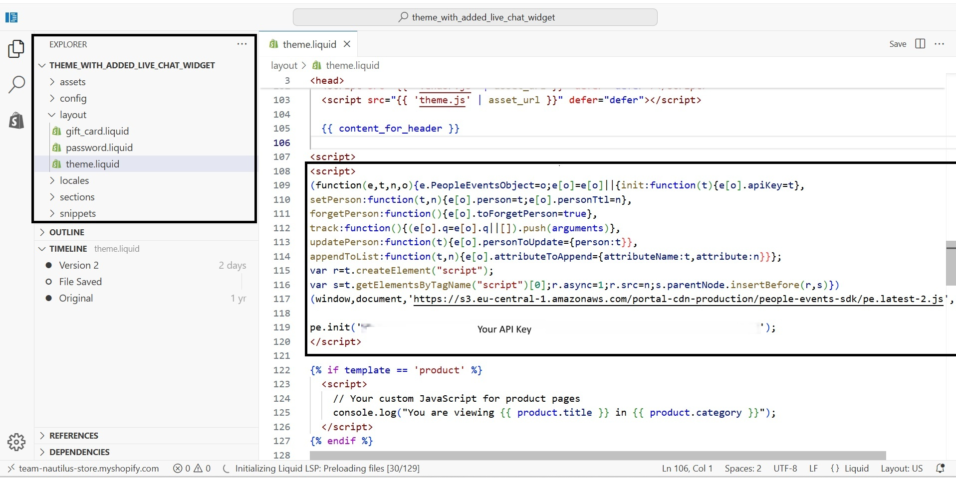 Image that shows how to paste the People Web SDK code in your Shopify Admin