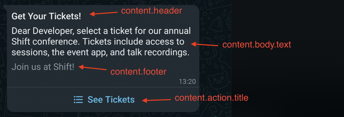 WhatsApp message with an interactive list with header and footer