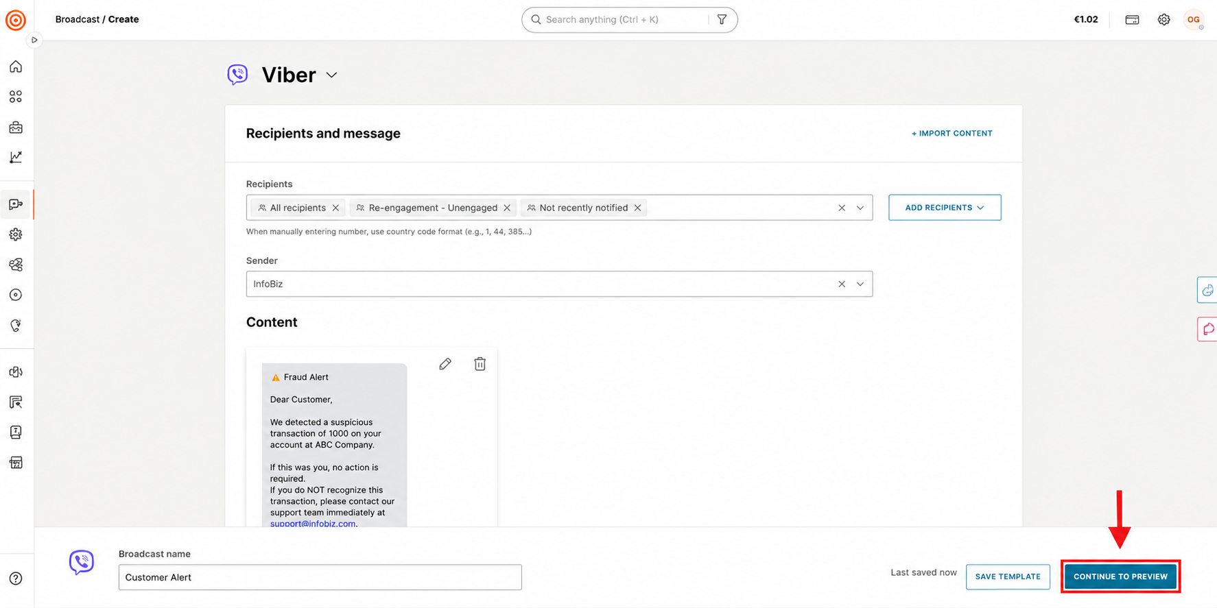 Viber broadcast setup showing recipients, sender, populated template content preview, and the Continue to Preview button.
