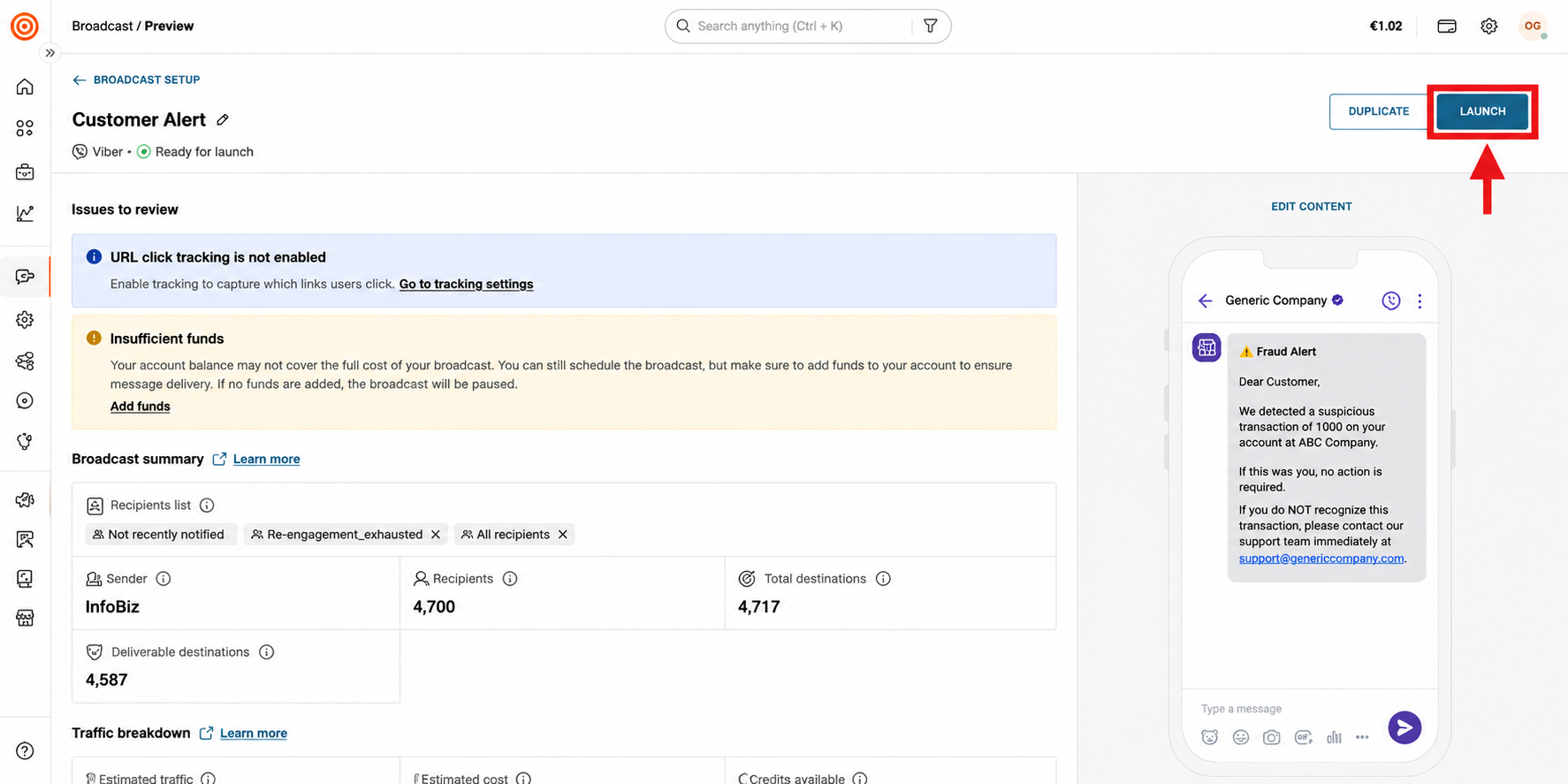 Viber broadcast preview page showing broadcast summary, recipient count, deliverable destinations, and the Launch button.