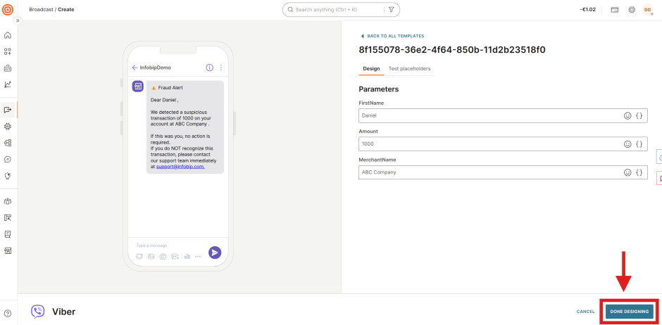Viber broadcast template editor with parameter values filled in and the Done Designing button highlighted.