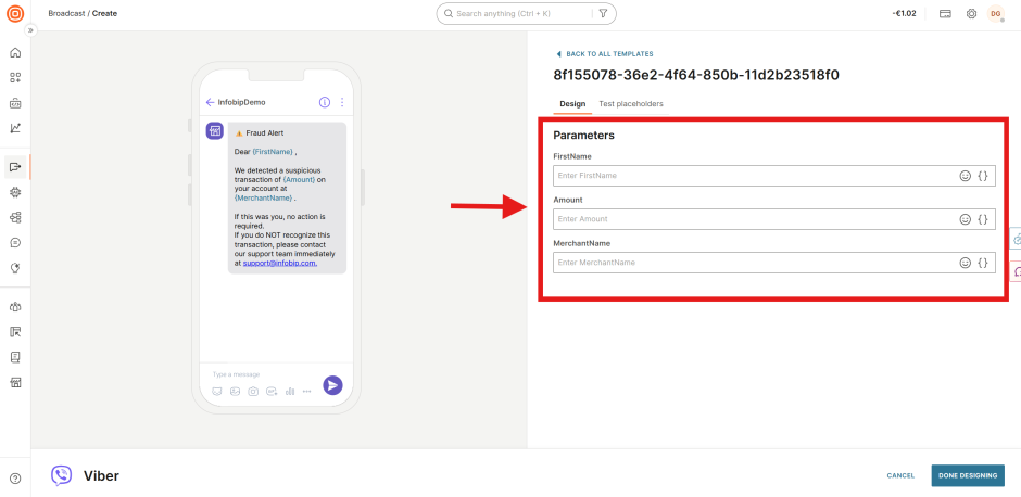 Viber broadcast template Parameters tab with FirstName, Amount, and MerchantName fields and curly brace icon for inserting People attributes.