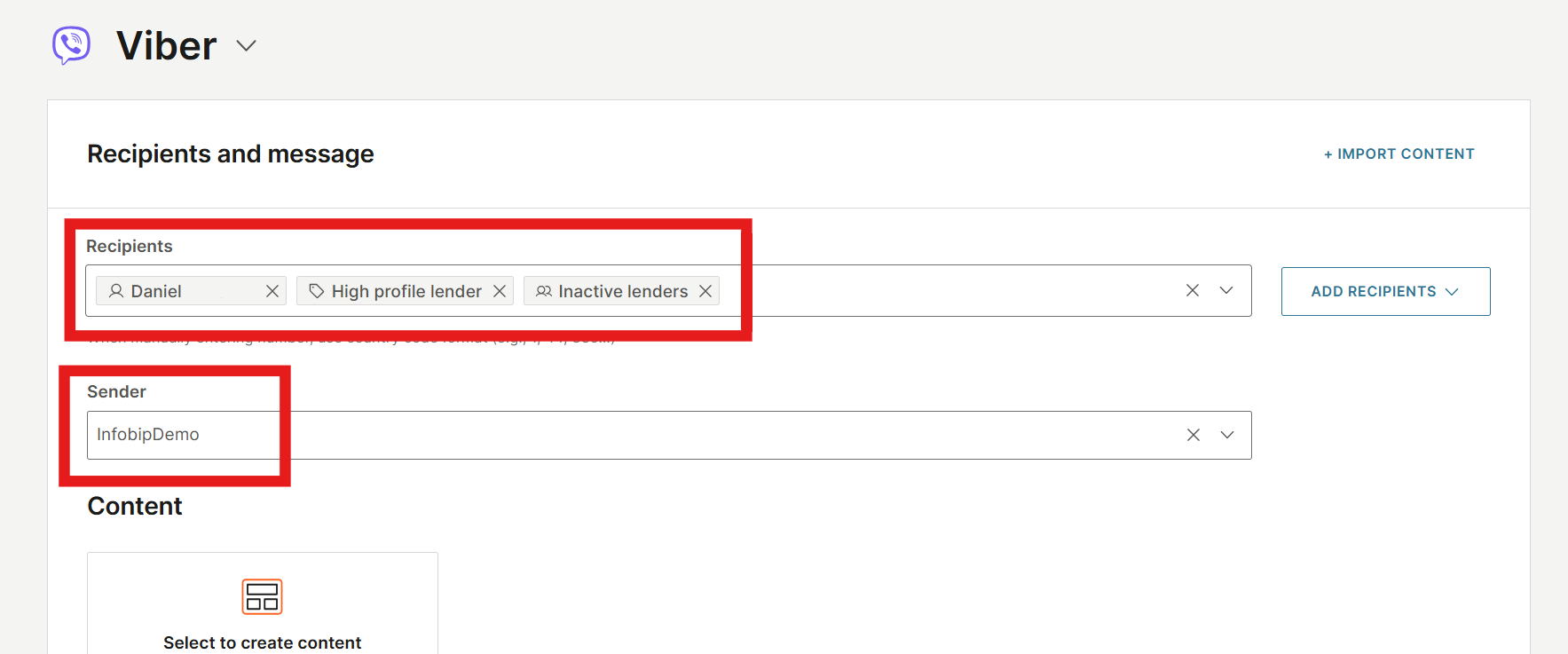 Recipients and sender selection fields in the broadcast setup.