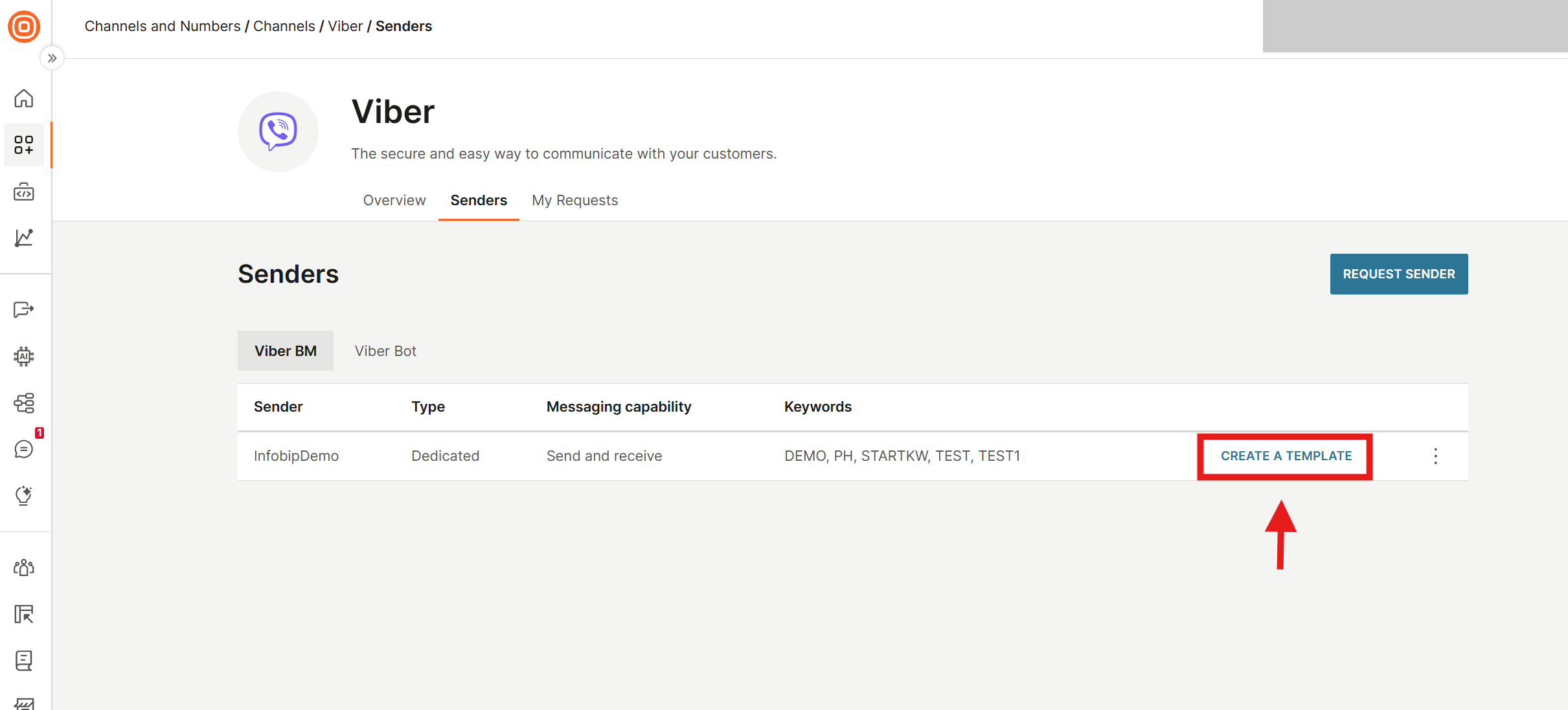 Senders page showing the sender list with the Create a Template button.