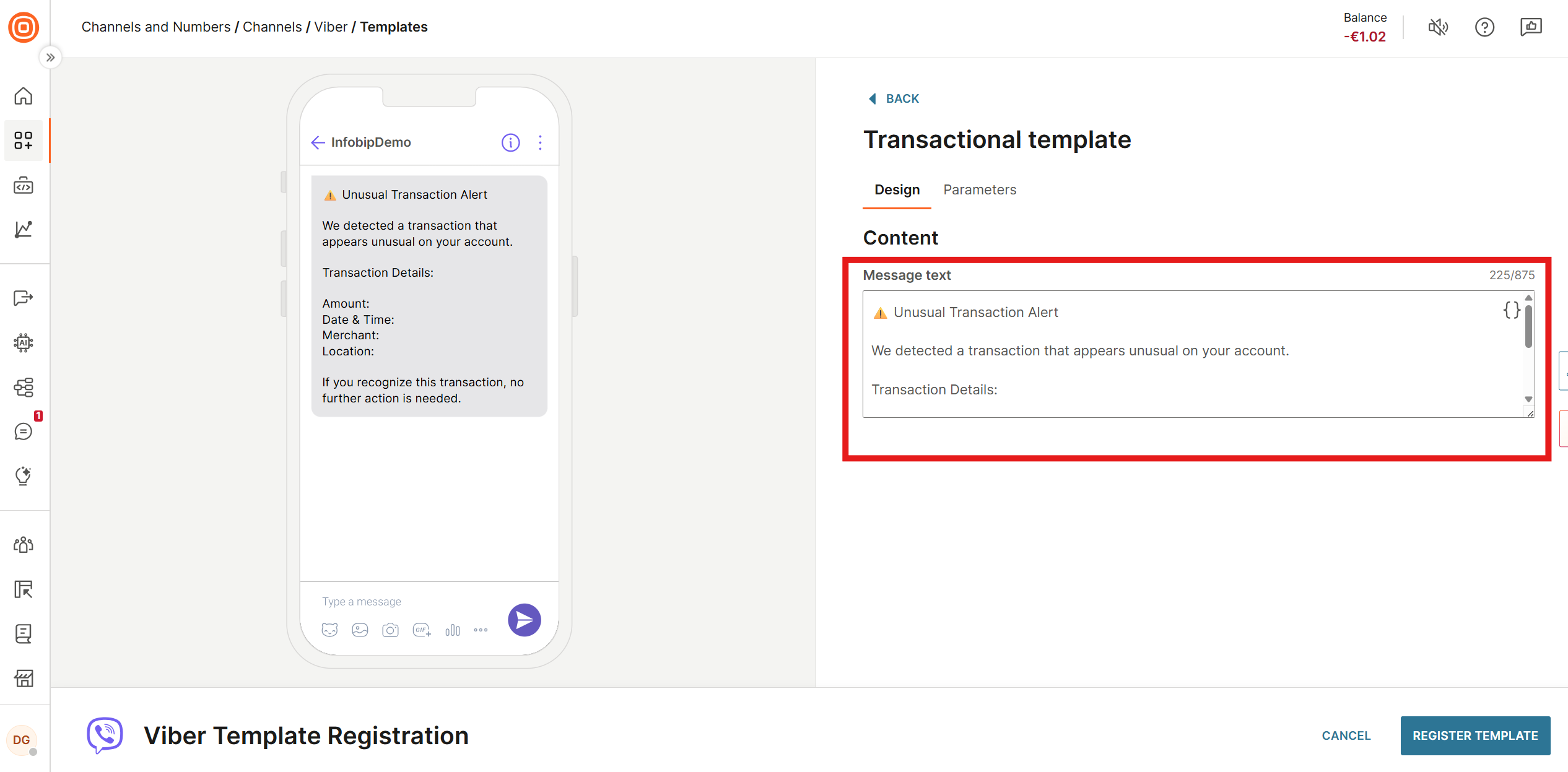 Design tab where you enter the transactional template message content.