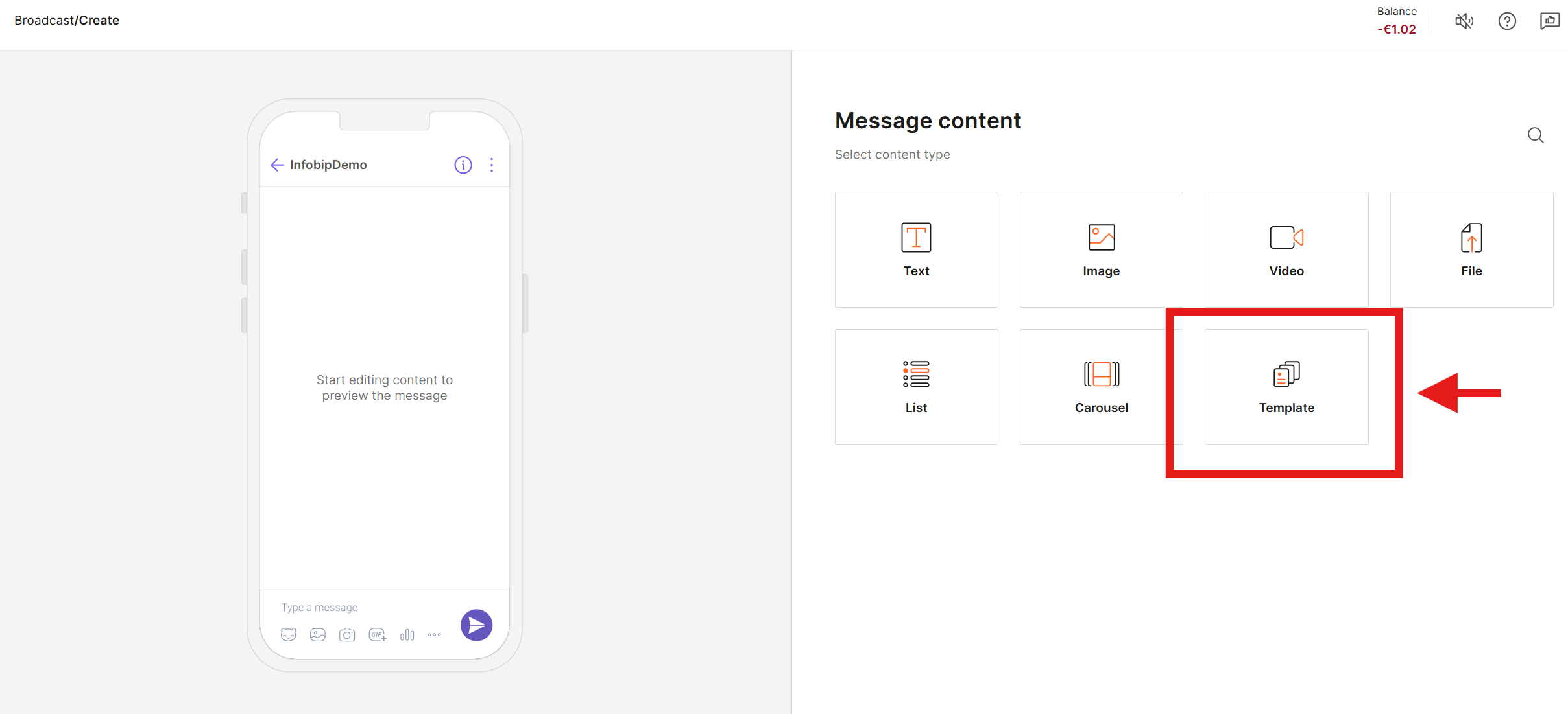 Message Content list with Template option selected.