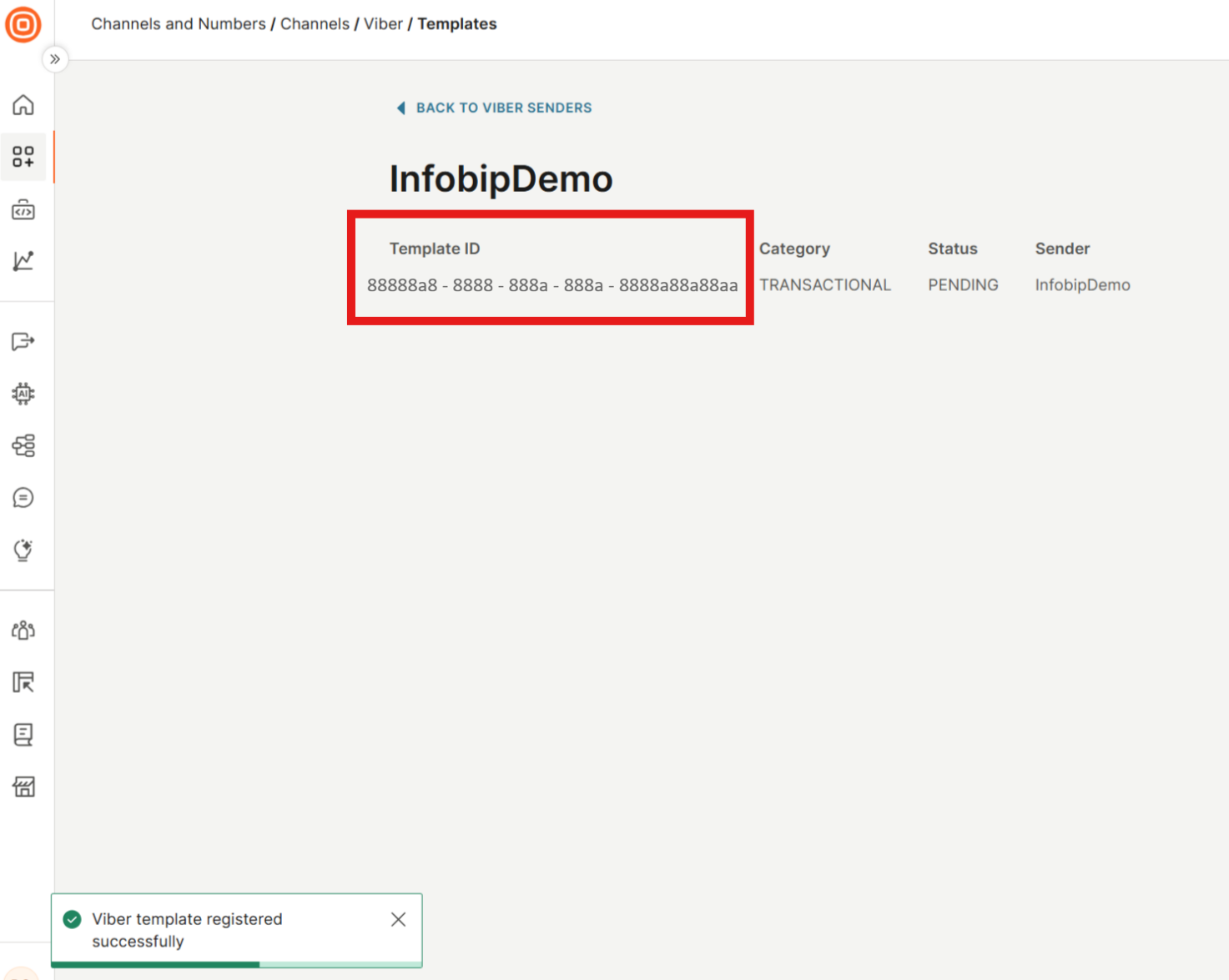Template registration confirmation screen showing the generated Template ID.