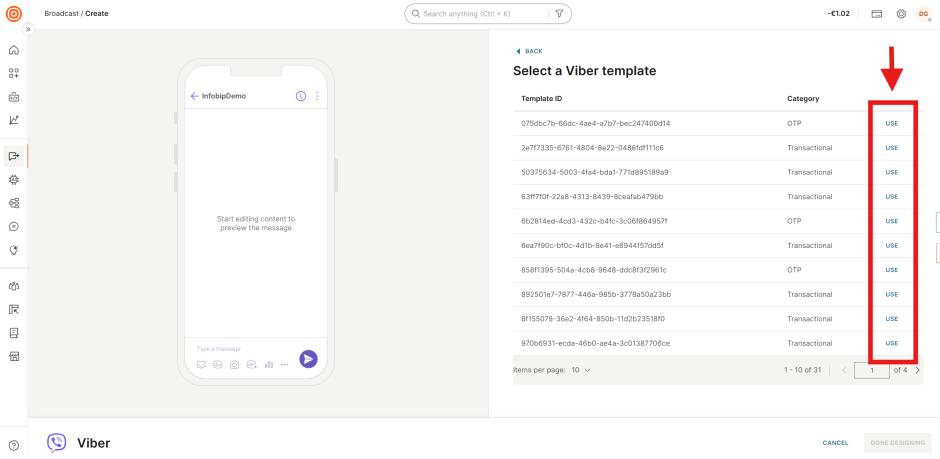 Select a Viber template screen listing approved transactional and OTP templates by Template ID, Category, and Use button.