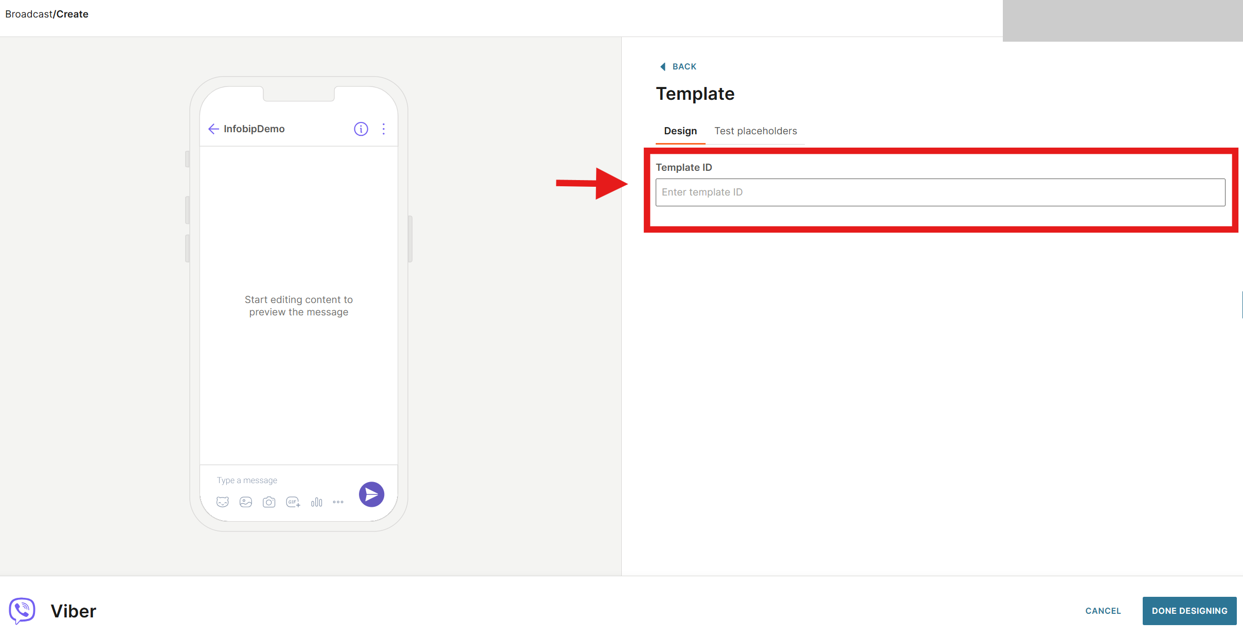 Template ID field showing the template content and parameters after entry.