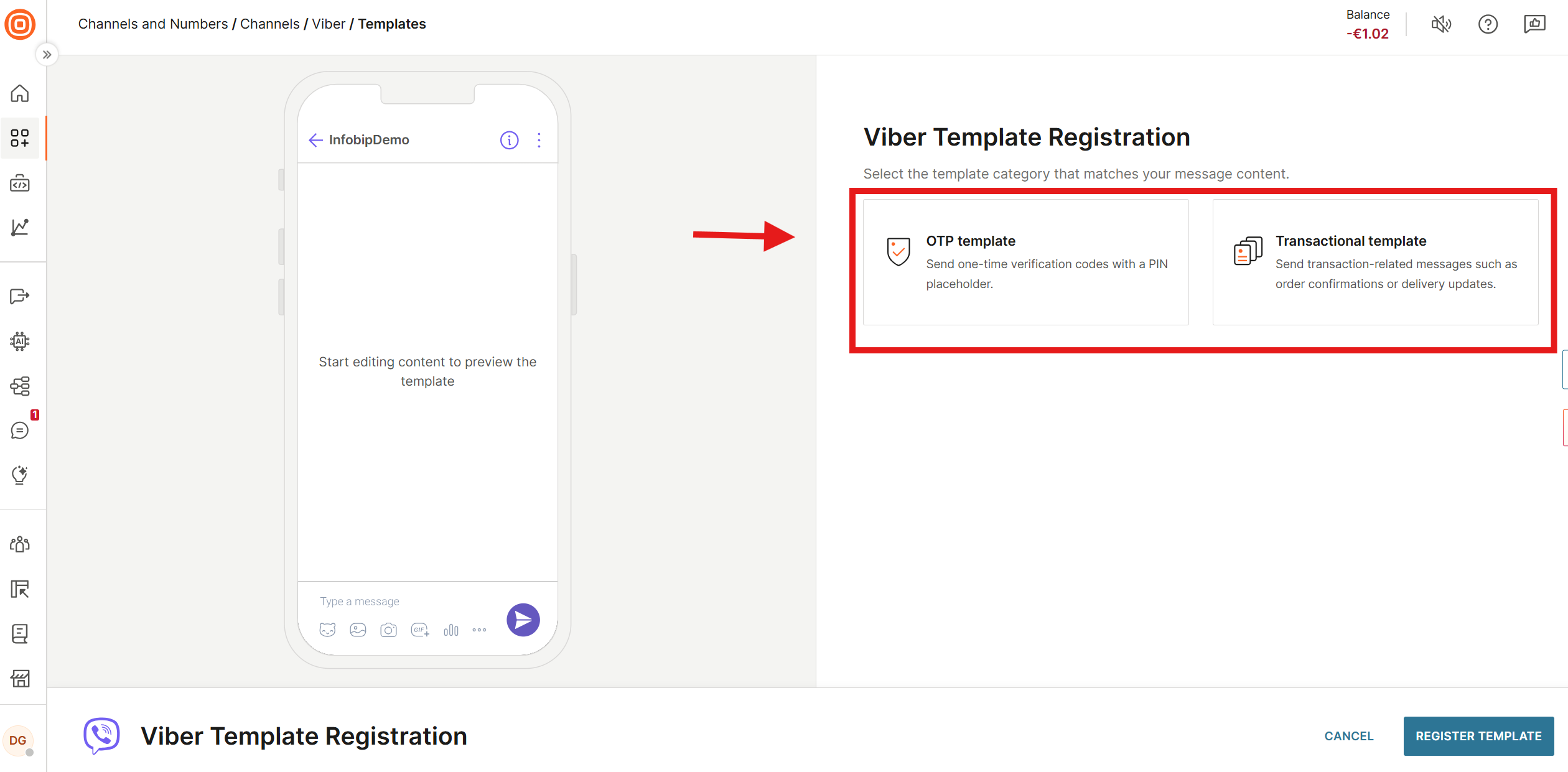 Template type selection showing Transactional template and OTP template options.