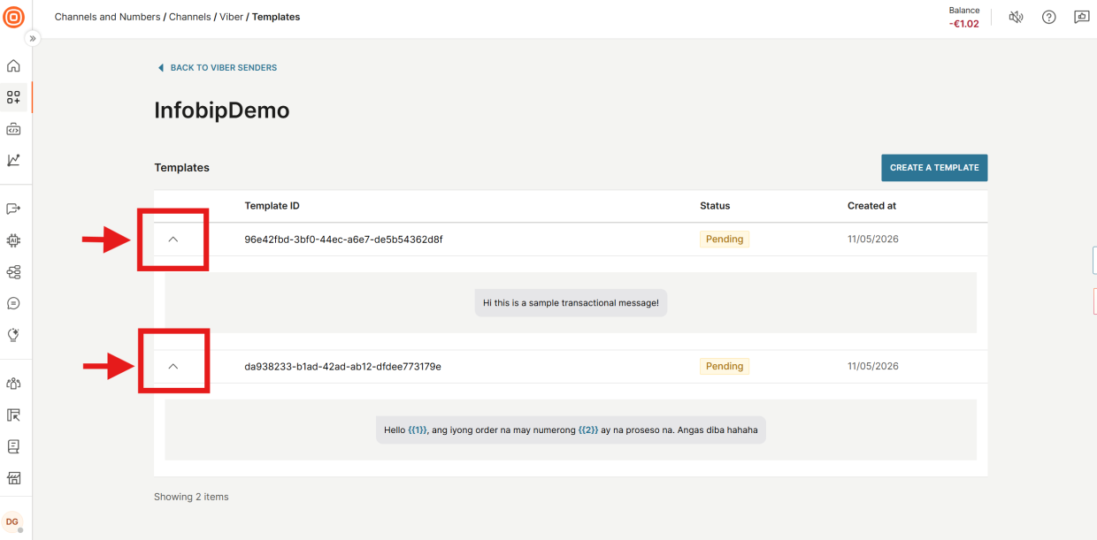 Expanded template rows showing the submitted template text.