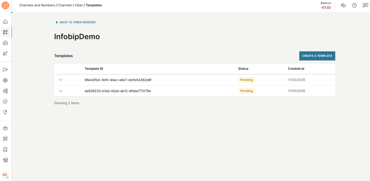 Templates list showing template ID, status, and creation date.