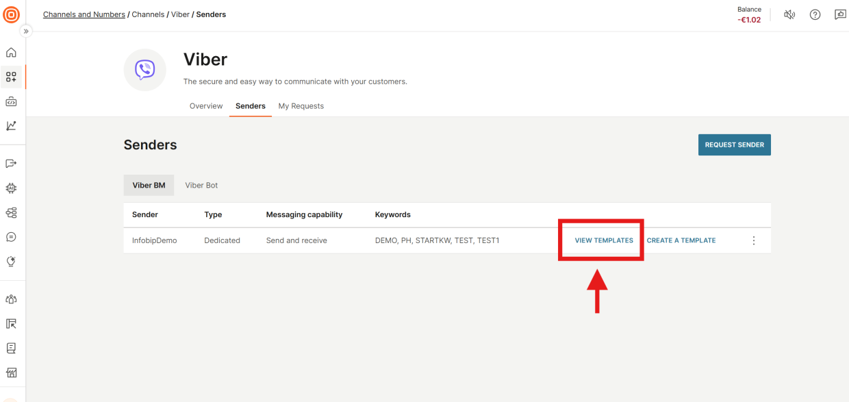 Senders page showing the View Templates button for a sender.