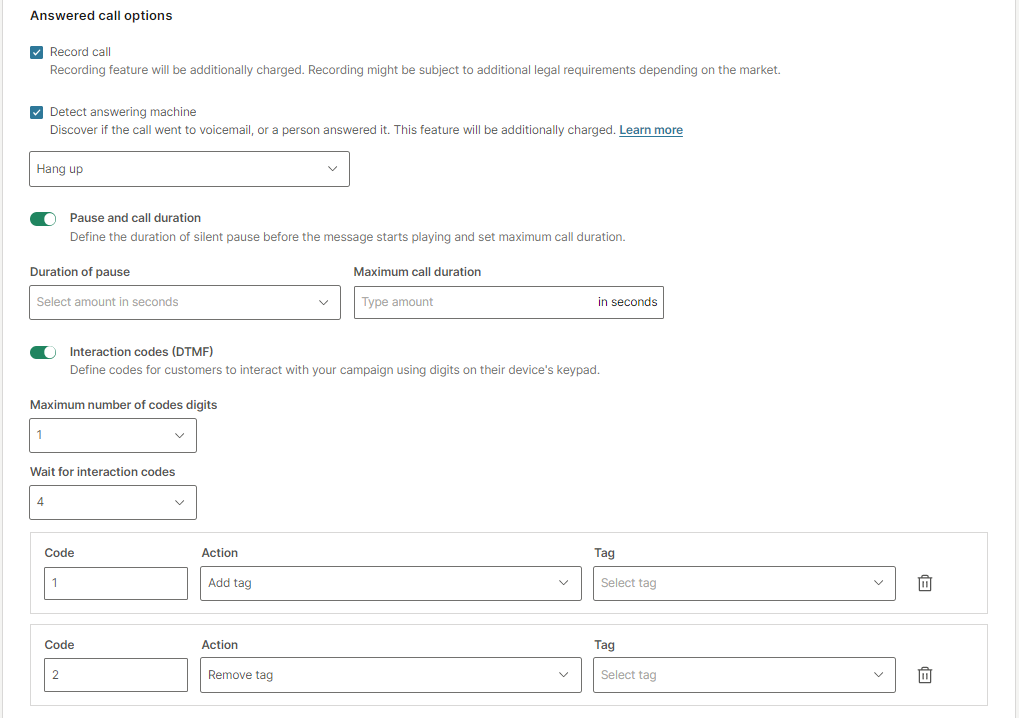 Voice broadcast - Answer Call options