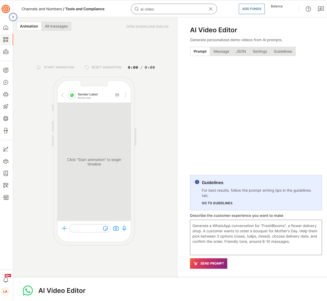AI Video Editor - Prompt tab showing the text input and generate controls