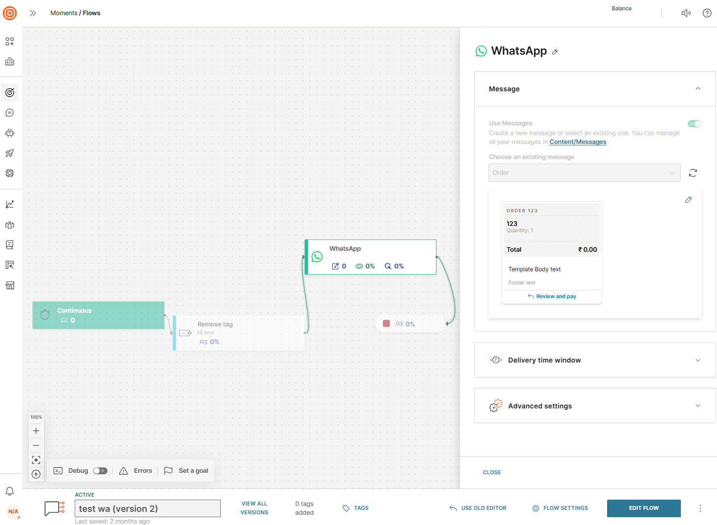 WhatsApp Payments - Create an order details in Moments flow