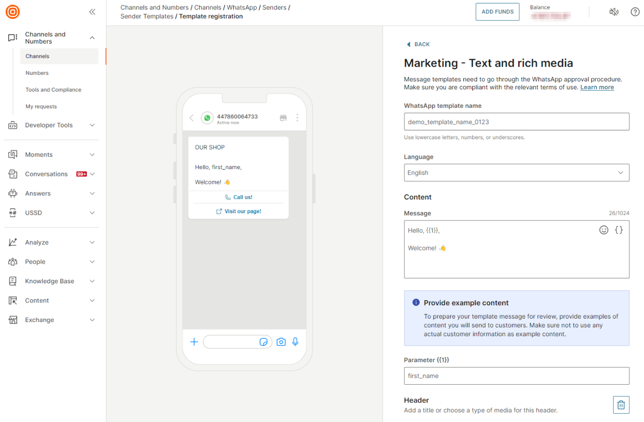 WhatsApp - template registration preview