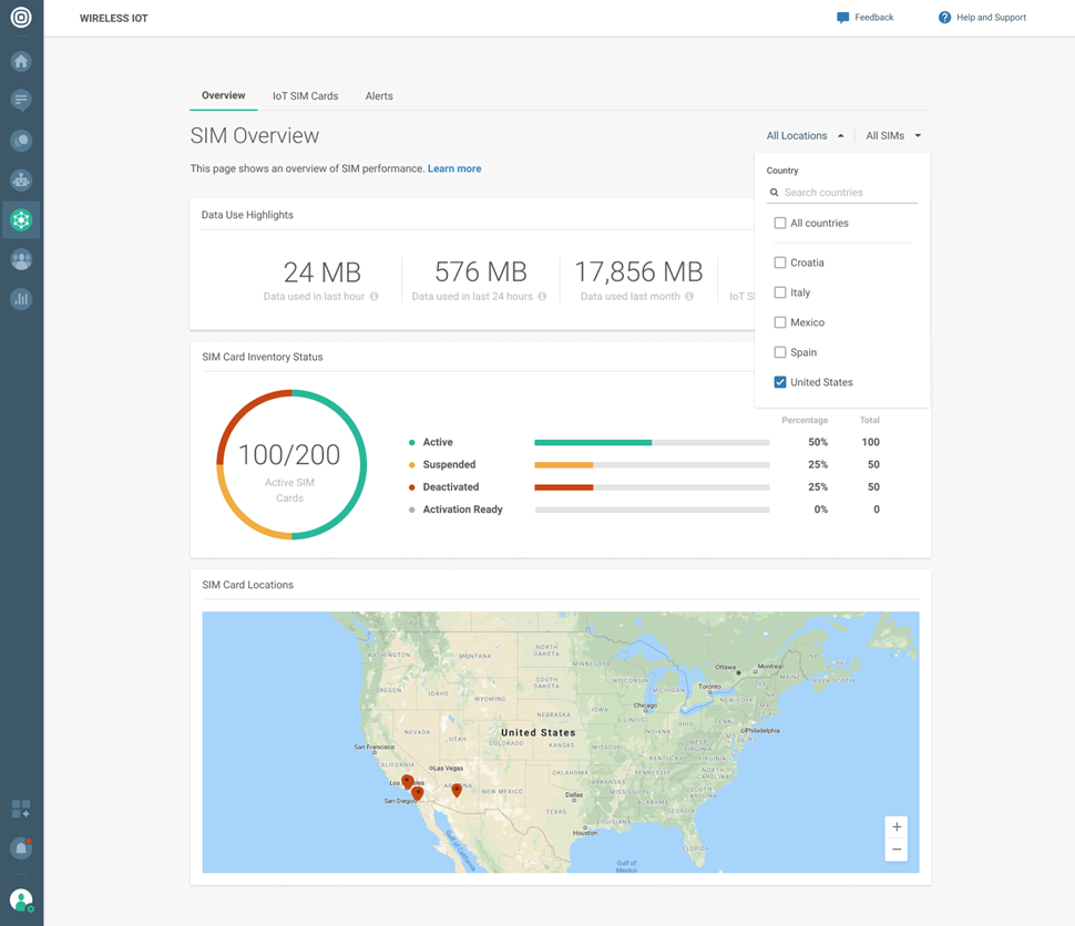 Wireless IoT - one country filter selected